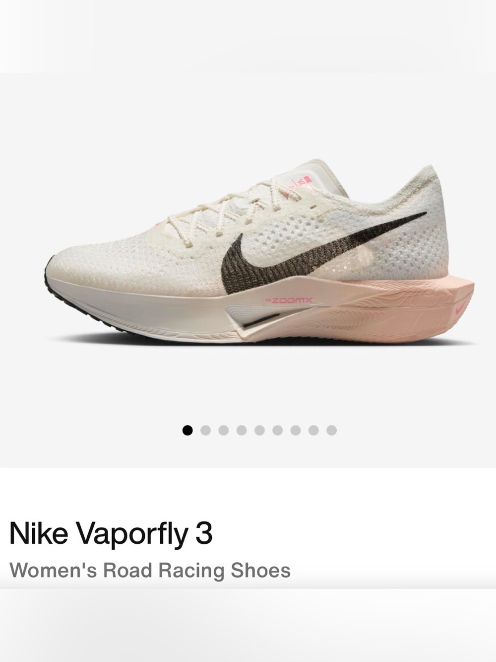 Nike Women's Zoom X Vaporfly 3 Running Shoes in Guava/Ice & Black.
